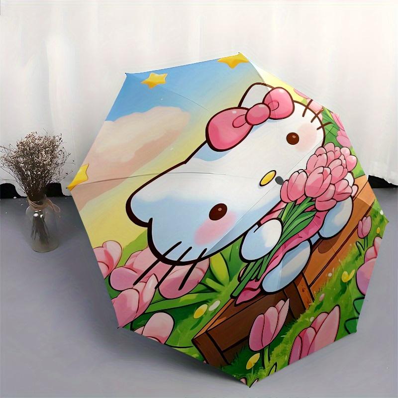 Hello Kitty,Spring Flowers Automatic Folding Umbrella-Simple 8-Rib Design, Bright Cartoon Pattern, Durable Iron Frame, Suitable For Travel,