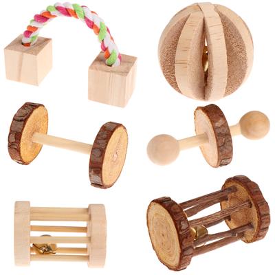 6 Pcs Pet Natural Wooden Chew Toys Dumbells Exercise Bell Molar Toy