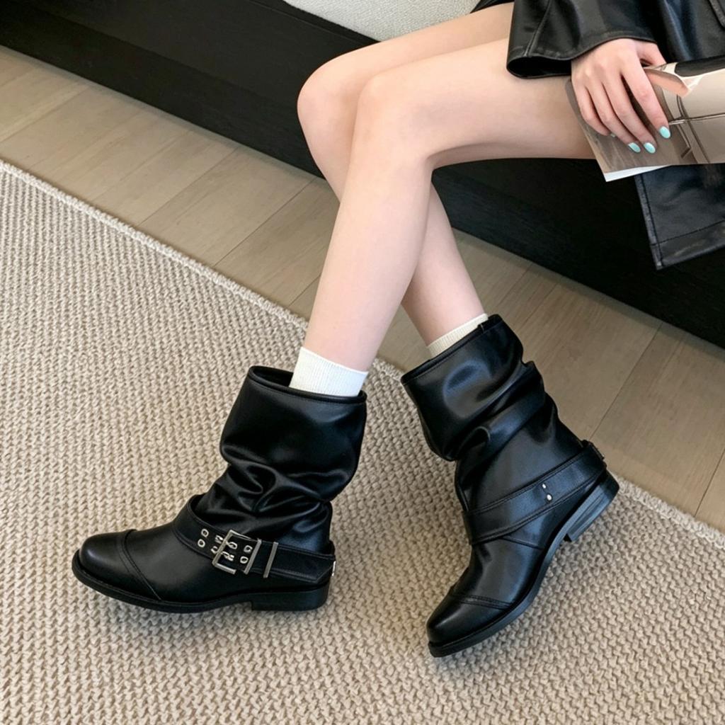 Maillard Belt Buckle Thick Heel Pleated Pile Short Boots Women'S Autumn New Versatile Western Cowboy Boots Women'S Tide