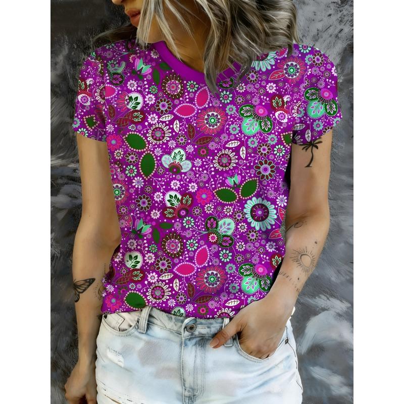 

Spring and summer new artistic purple rhyme flower printed T-shirt, personality and eye-catching must-have women s tops 8XL