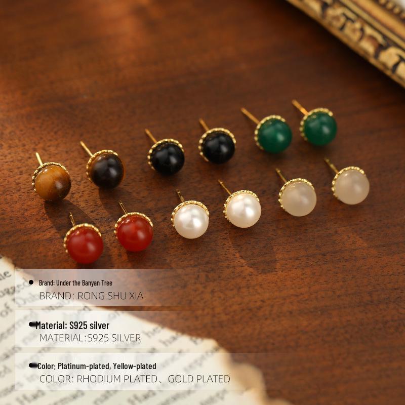 Banyan Tree S925 Silver Chinese Agate Earrings – Retro, Elegant, and Simple Design for Women