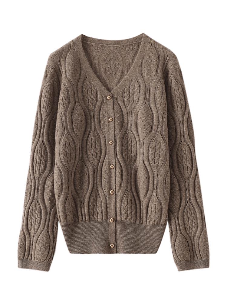 2024 Autumn/Winter Slimming V-Neck Hollow Knit Cashmere Cardigan