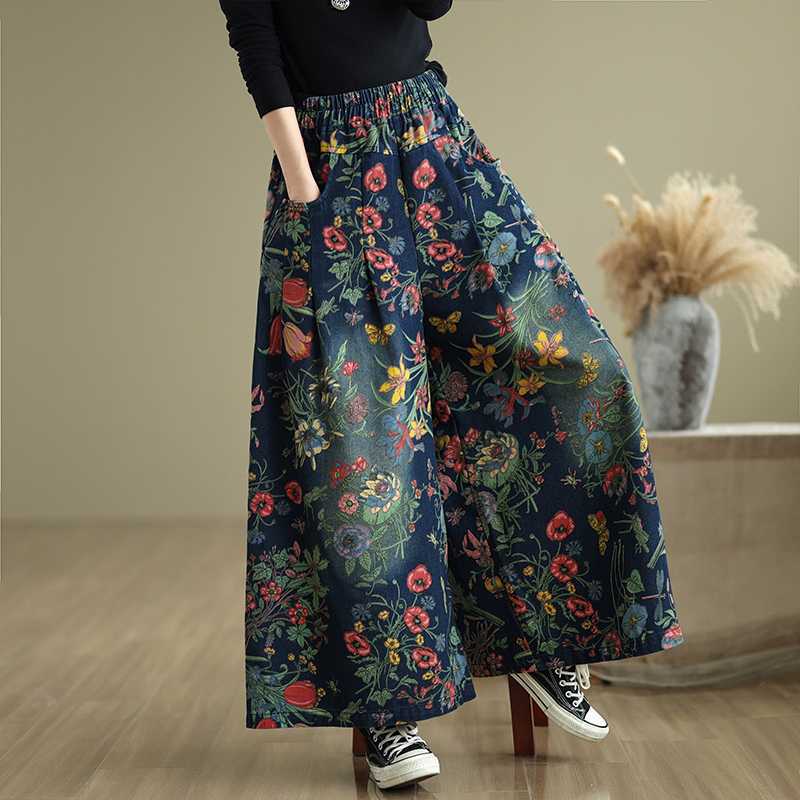Spring Autumn Plus Size Women Floral Print Jeans High Waist Colorful Loose Denim Trousers Vintage Baggy  Wide Leg Pants with Pockets
