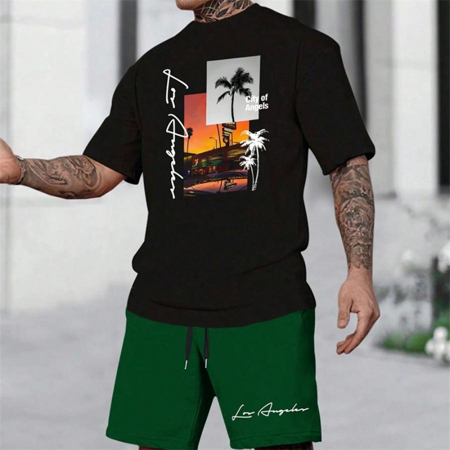 2025 Summer New Men's Short Sleeve Palm Tree Print Two Piece Drawstring Shorts Set Fashion Men's Vacation Beach Casual Suit