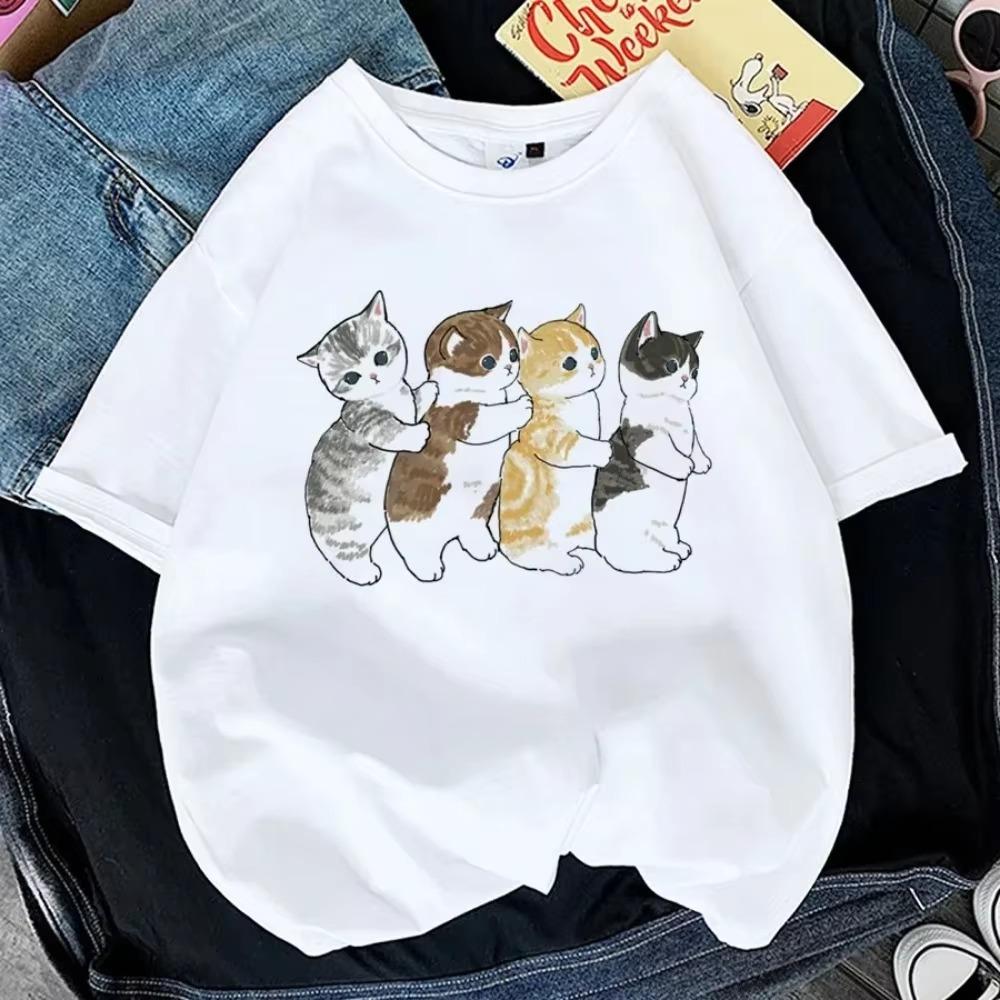 Kawaii Cat Women Print T-shirt Girl Animal Y2K Fashion 90S Harajuku Print Tops Tee Gril Black White Summer Clothes Tshirts