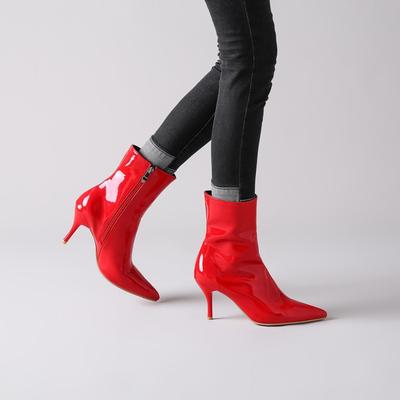 Botines elegantes de piel de charol brillante con tacón de gatito para mujer, talla grande 47, negros, rojos y blancos