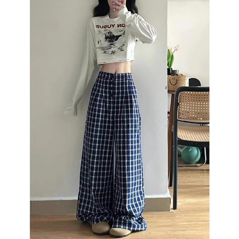 Women's Retro Blue Check Wide Leg Pants - High Waist, Casual, Floor-Length for Spring/Autumn