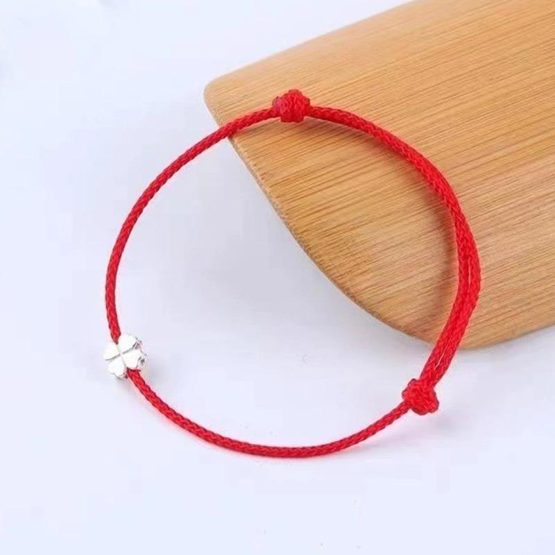S925 Sterlingsilber Verstellbares Armband für Damen, Blumen, Rotes Band, Kleeblatt, Feiner Schmuck, Minimalistische Accessoires
