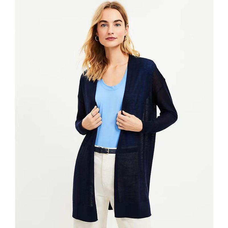 

New Buckle-Free Cardigan European and American Single Mid Length Long Length Cotton and Linen Loose Knitting Thin Long Sleeves Air Conditioning Shawl Dark Blue S