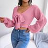 Elegant Bow Tie Detail Cropped Women Sweater V-Neck Long Sleeve Knit Tops Autumn Winter Casual Tops Female Sweet Fashion Clothing