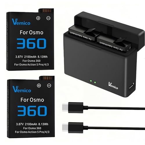 Vemico for DJI Osmo 360, 2*2100mAh Batteries, PSE Certified, Osmo 360/Action 6/5 Pro/4/3 Battery Charger Set with Type-C Cable, Simultaneous Charging