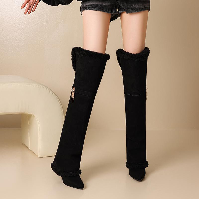 Krazing Pot Flock Pointed Toe Thin High Heels Size 46 Size 45 Winter Slip on Plus Size Women Keep Warm Over-the-knee Boots