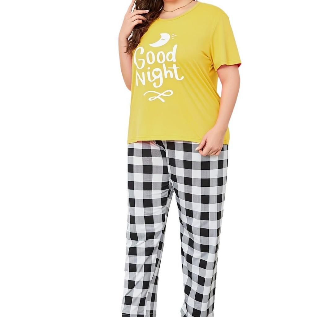 Set Pijama Mărimi Mari pentru Femei 2024 - Pantaloni Plaid cu Dungi & Top cu Imprimeu Watermark