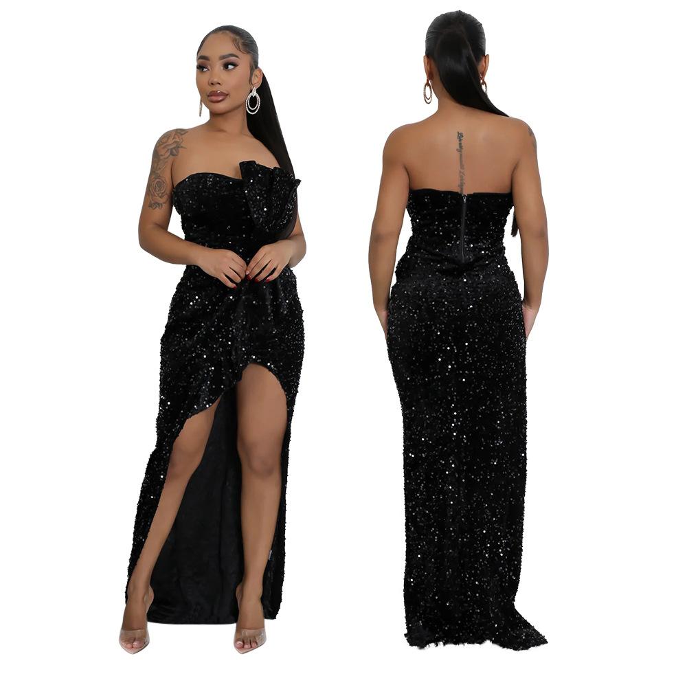 Women's Sequined Evening Dress Sexy Strapless Irregular Dress