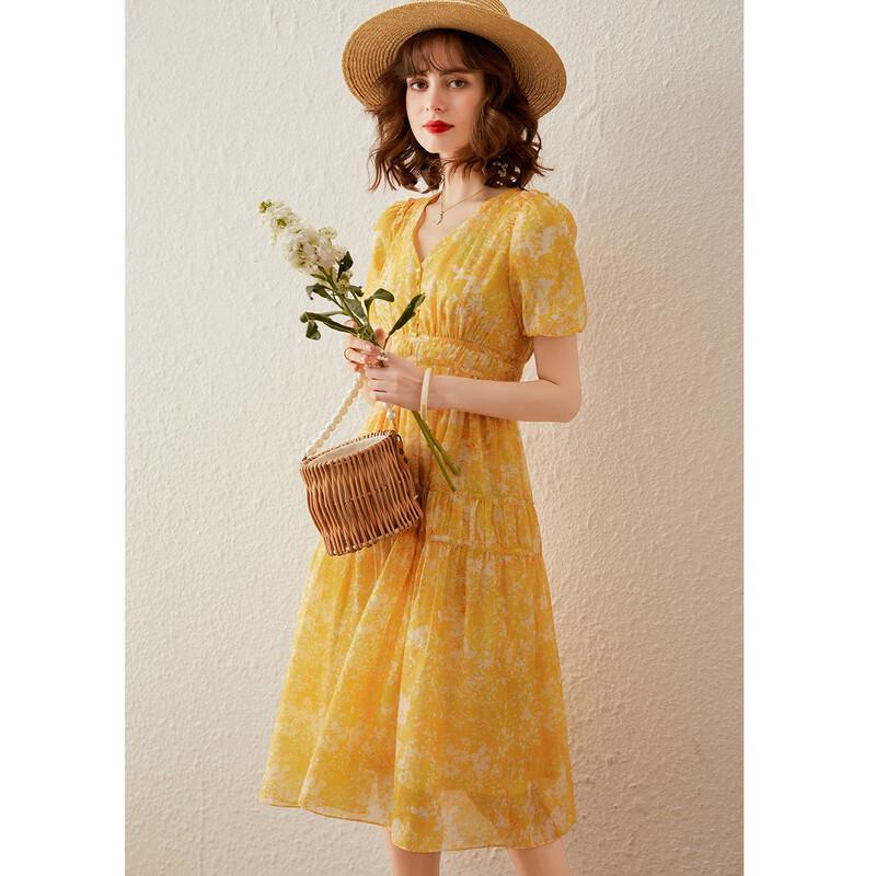 Bailuyu French Style V-Neck Floral Puff Sleeve Long Dress