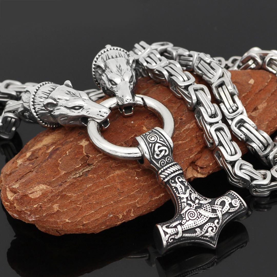 Men s Stainless Steel Viking Bear Head Thor Hammer Emperor Chain Pendant Necklace