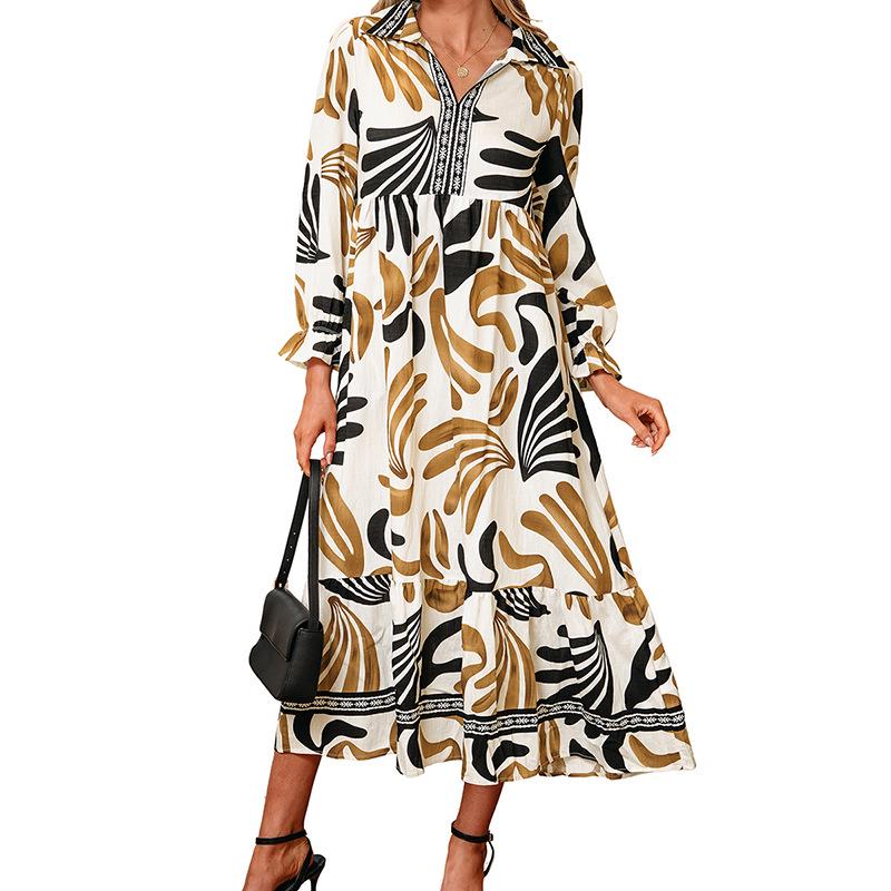 

2025 Autumn Women s High-Waisted V-Neck Color Block Long Dress - European & American Casual Style Size: Large
