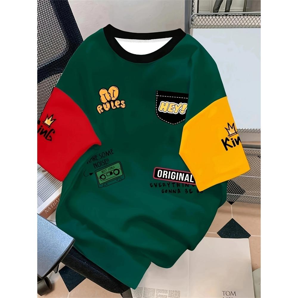 Men s casual contrast patchwork letter print T-shirt, short sleeve suitable for summer XS