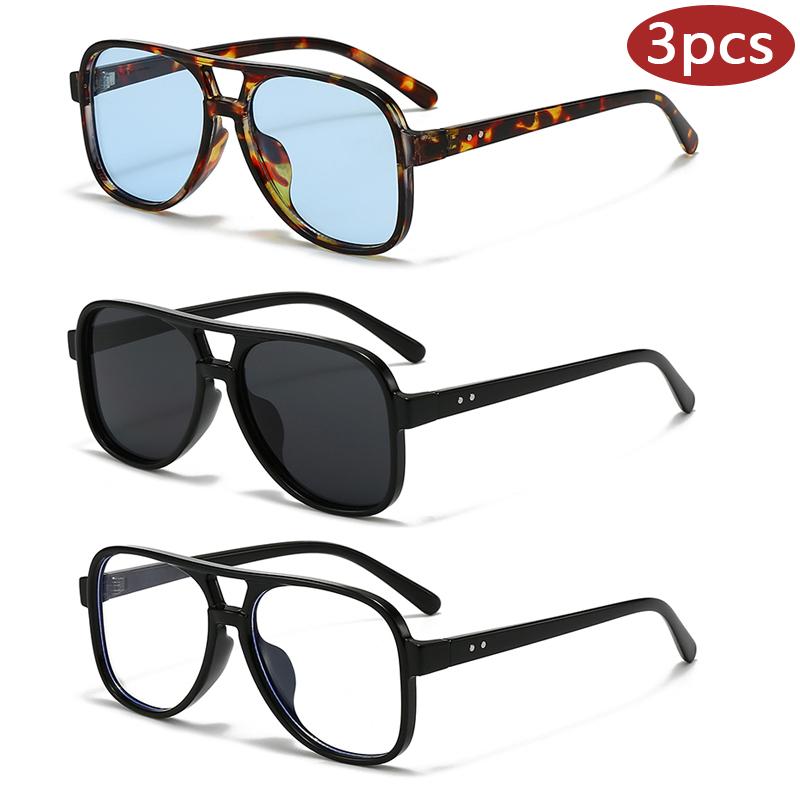 3pcs Retro Double Bridge Oversized Sunglasses Classic Rectangle UV Protection Driving Eyewear  Big Shades ladies Eyewear