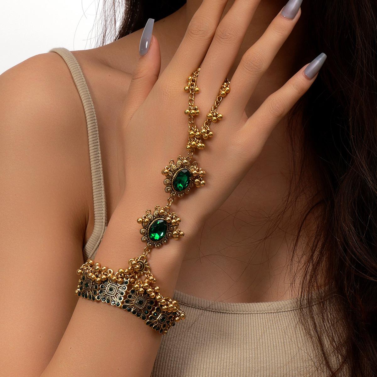 

For Women Green Turquoise Beaded Ball Adjustable Chain Link Harness Slave Wrist Hand Bracelets Rings Jewelry Gifts зелений