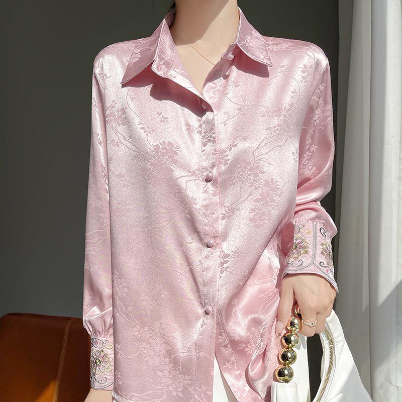 Women's Jacquard Satin Tang Suit: Long Sleeve Mulberry Silk Top for Autumn/Winter