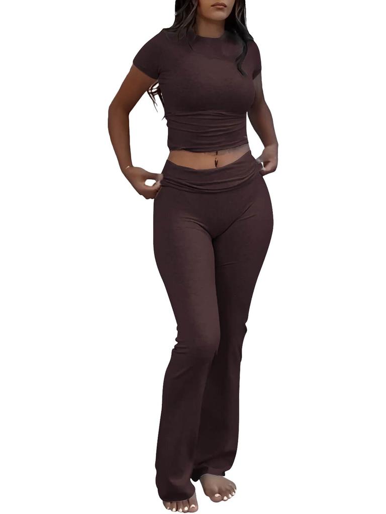 Women's Casual Workout Two-piece Set - Round Neck T-shirt & Low-waisted Flared Pants