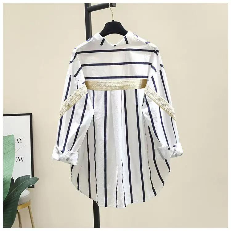 Women's Spring and Autumn Long Sleeved Medium Length Striped Shirt Casual Korean Loose Aging Shirt