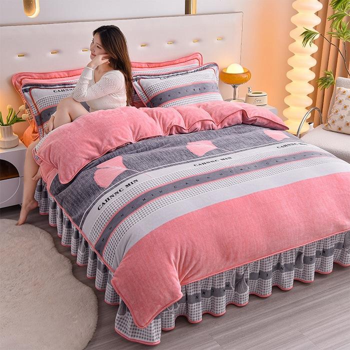 Thickened Milk Fleece Four-Piece Warm Double-Sided Coral Fleece Quilt Cover Flannel Sheet Bed Skirt Bedding
