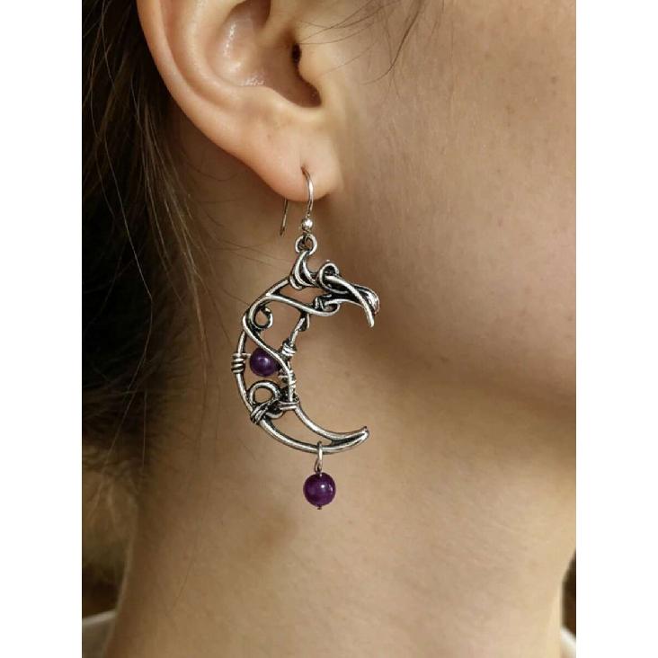 1 Pair Bohemian Star & Moon Purple Bead Earrings, Asymmetrical Sun & Moon Wrapped Design Earrings