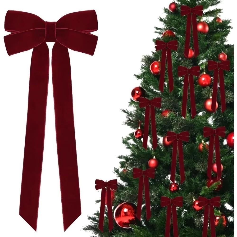 5Pcs Velvet Christmas Bow Ornament Solid Color Xmas Hanging Pendant  Christmas Decor