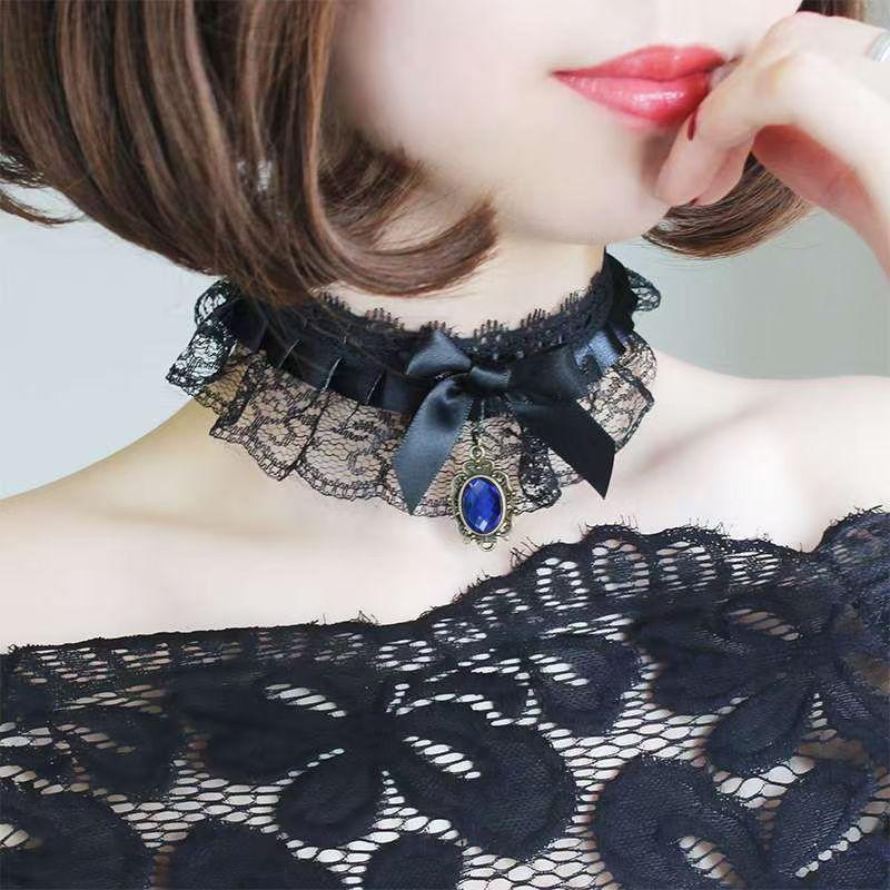 Gargantilha Lolita para Meninas com Pingente de Coração de Amor em Renda e Pedras, Correntes de Colar para Cosplay, Acessórios de Joias Dançantes para Festa de Casamento