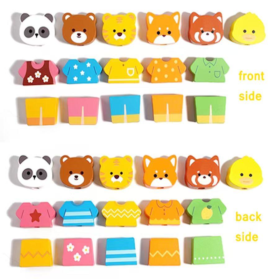 Lustiges Holz-Anziehspiel mit Tieren Erstelle dein eigenes Outfit Kinder Holztiere passendes Stoffblock Lern-Anziehspielzeug Geschenk