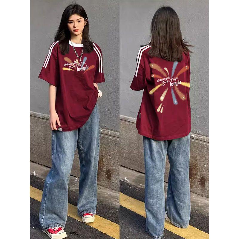 Fashion Oversize Street Retro Preppy Style Pure Cotton Three Bars Short Sleeve Tops Couple Niche Style Fashionable To Wear