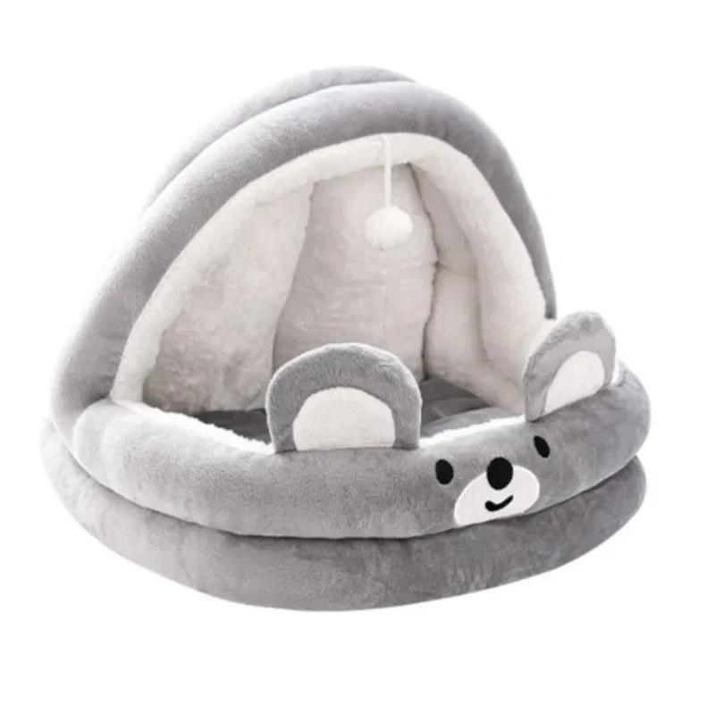 Cat Litter Bed Soft Semi Enclosed Cat Bed and Cozy with Plush Ball Kitten Cave Beds Removable Cute Cartoon Pet Sleep Accessories