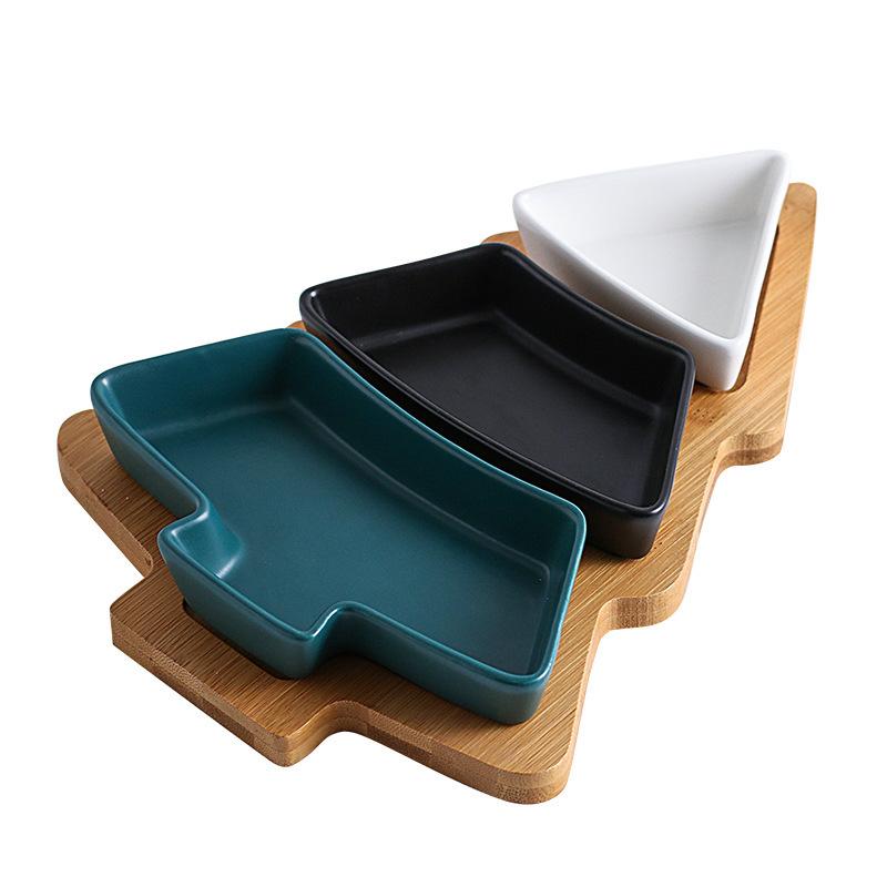 Ceramic Bamboo Wood Christmas Tree Partition Plate Platter Fruit Bowl Breakfast Dish Home Decoration