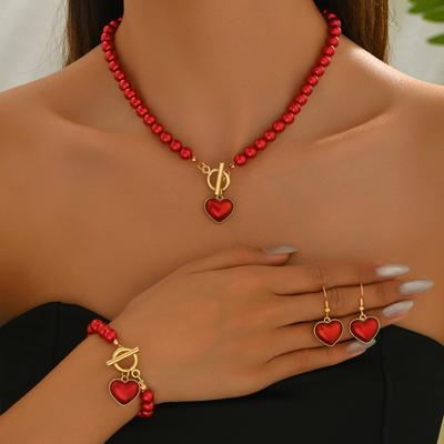 New Women's Jewelry Set Geometric Love Weaving Pearl Design Necklace Versatile Earrings Jewelry