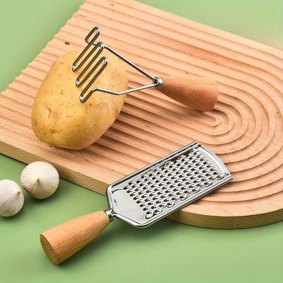 Lot de 4 coupe-melons en acier inoxydable, coupe-fromage, éplucheur de fruits, manche en bois, presse-pommes de terre, batteur à œufs, ustensile de cuisine avec manche en bois