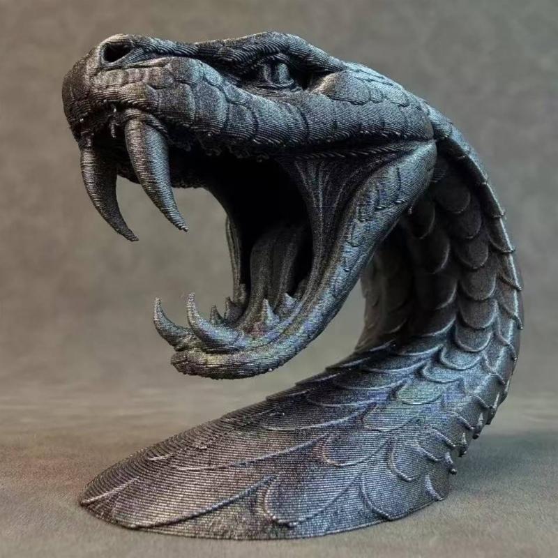 3D Printed Snake Sculpture Decors with Open Mouth Head Design and Layered Scale Detail, Tabletop Statue for Shelf Display