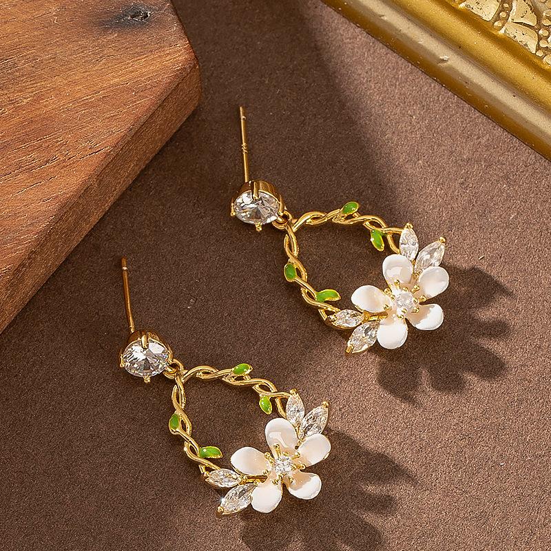 Mori Sweet Delicate Small Fresh Inlaid Zircon Dripping Flower Earrings Female Niche Personality Design Fairy Earrings