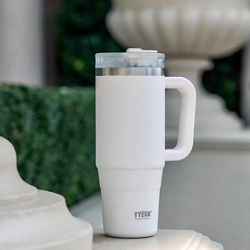 Tyeso 900ML Big Capacity Vacuum Cup With Handle Straw Stainless Steel Car Mug Thermal Iced Travel Insulated Tumbler Bottle