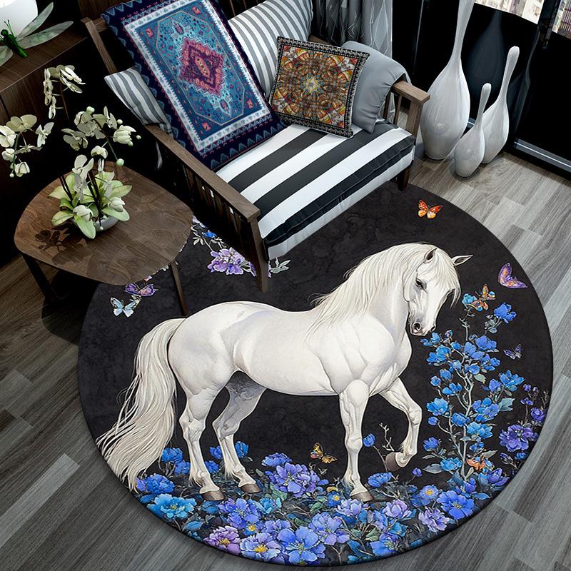 White Horse Round Area Rug,Carpet Rug for Living Room Bedroom Sofa Playroom Decor,Non-slip Floor Mat