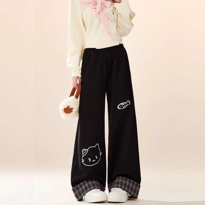 

Спортивные штаны большого размера с принтом кошек в студенческом стиле, на флисовой подкладке, для женщин - Осенне-зимняя коллекция L чёрный