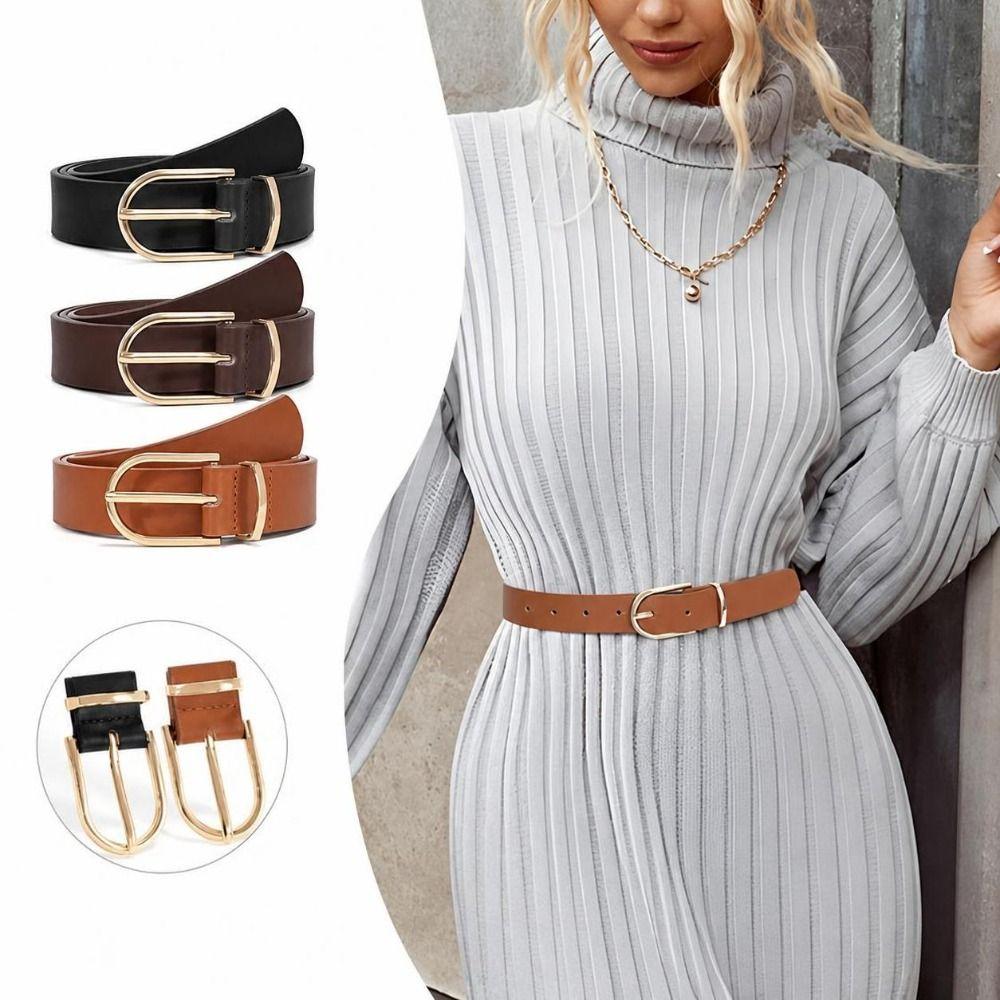 Versatile PU Leather Belt Slim Width Faux Leather Belt Minimalist Decorative Belt  For Women