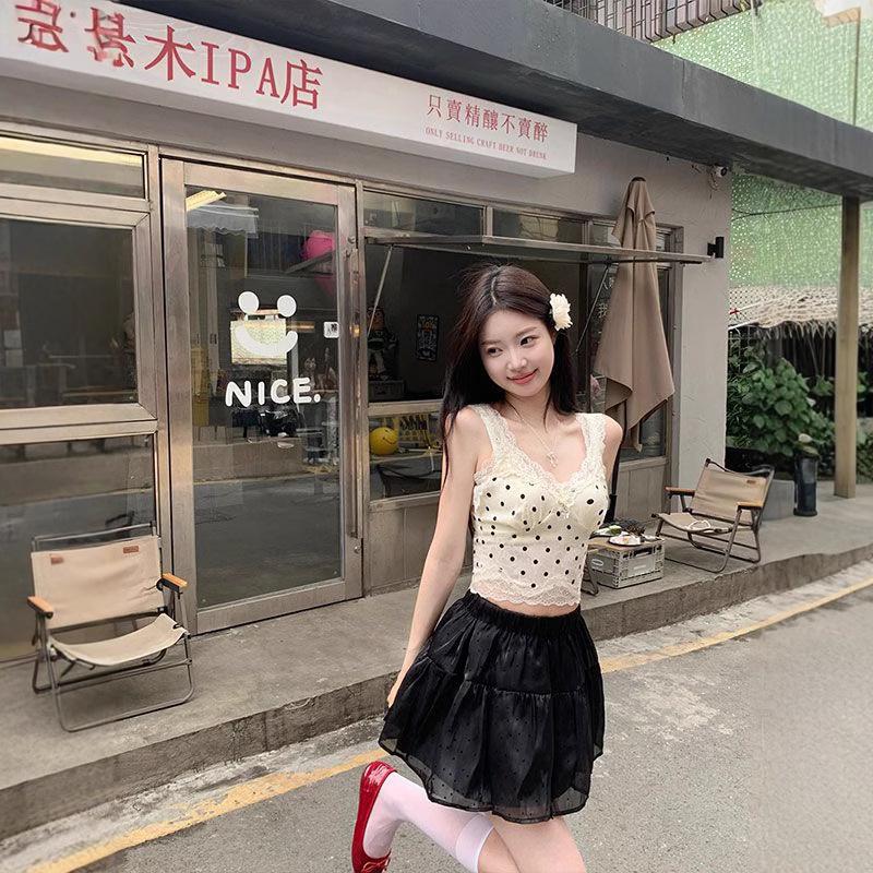 Chic Polka Dot Lace Camisole: French-Style Summer Top for Women