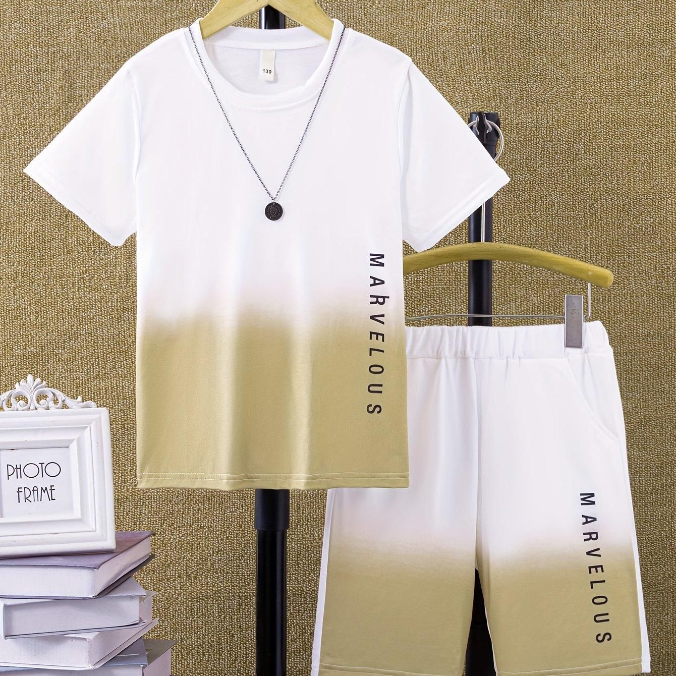 

2024 літній дитячий новий дитячий комплект із двох предметів з короткими рукавами, модний топ, що дихає, швидковисихаючі вільні штани, трикотаж, повсякденний одяг 160