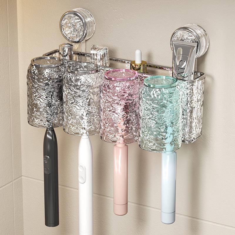 Wall-Mounted Punch-Free Toothbrush and Toothpaste Holder with Suction Cup and Mouthwash Cup