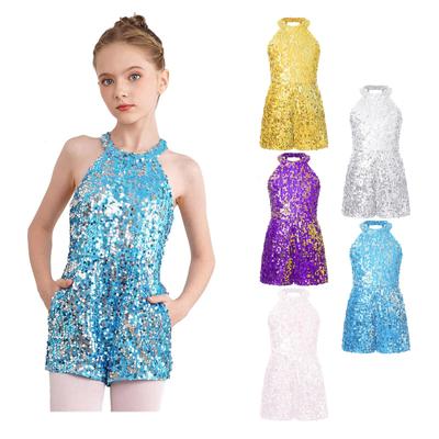 Girls Ballet Jazz Dancing Sleeveless Short Gymnastics Unitard One-Piece Dance Romper Allover Sequin Jumpsuit Playsuit Pageant Party