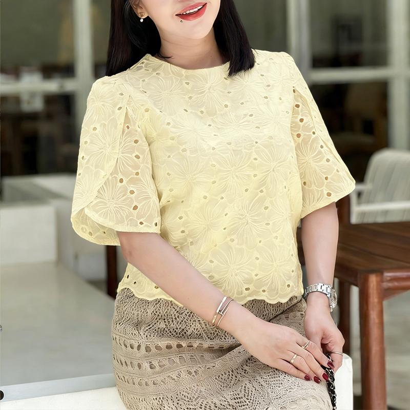 ZANZEA Women Casual Round Neck Short Sleeve Hollow Crochet Patchwork Blouse