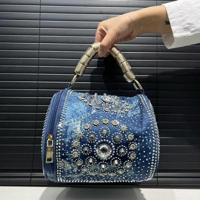 Ladies Washed Denim Tote Elegant Celebrity Diamond Jewelry Shoulder Oblique Span Bag