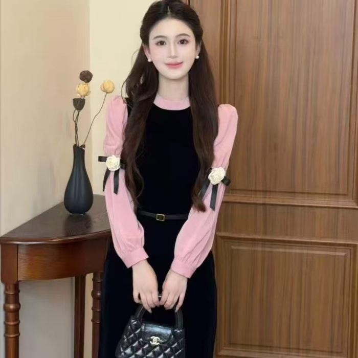 

Элегантное черное бархатное платье-пэчворк, длинное, с акцентом на талию, стиль Осень/Зима 2025 Small